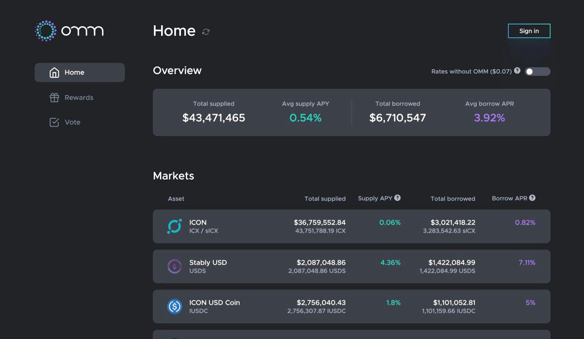 Lend and borrow assets on the Omm money market.